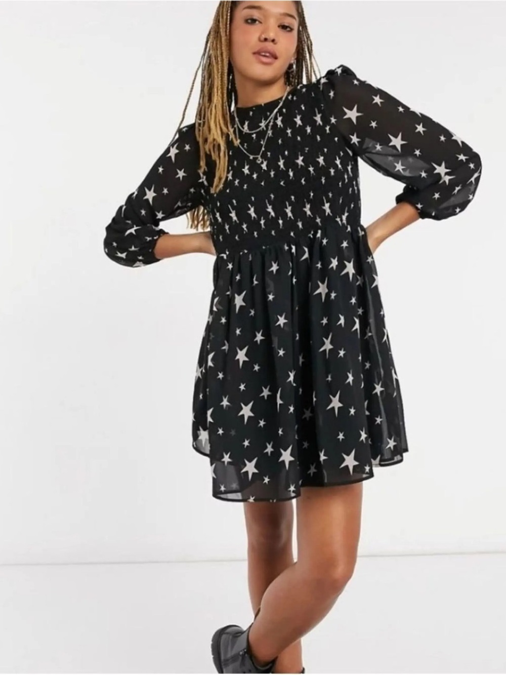 Star Print Black Mini Dress with Smocked Bodice